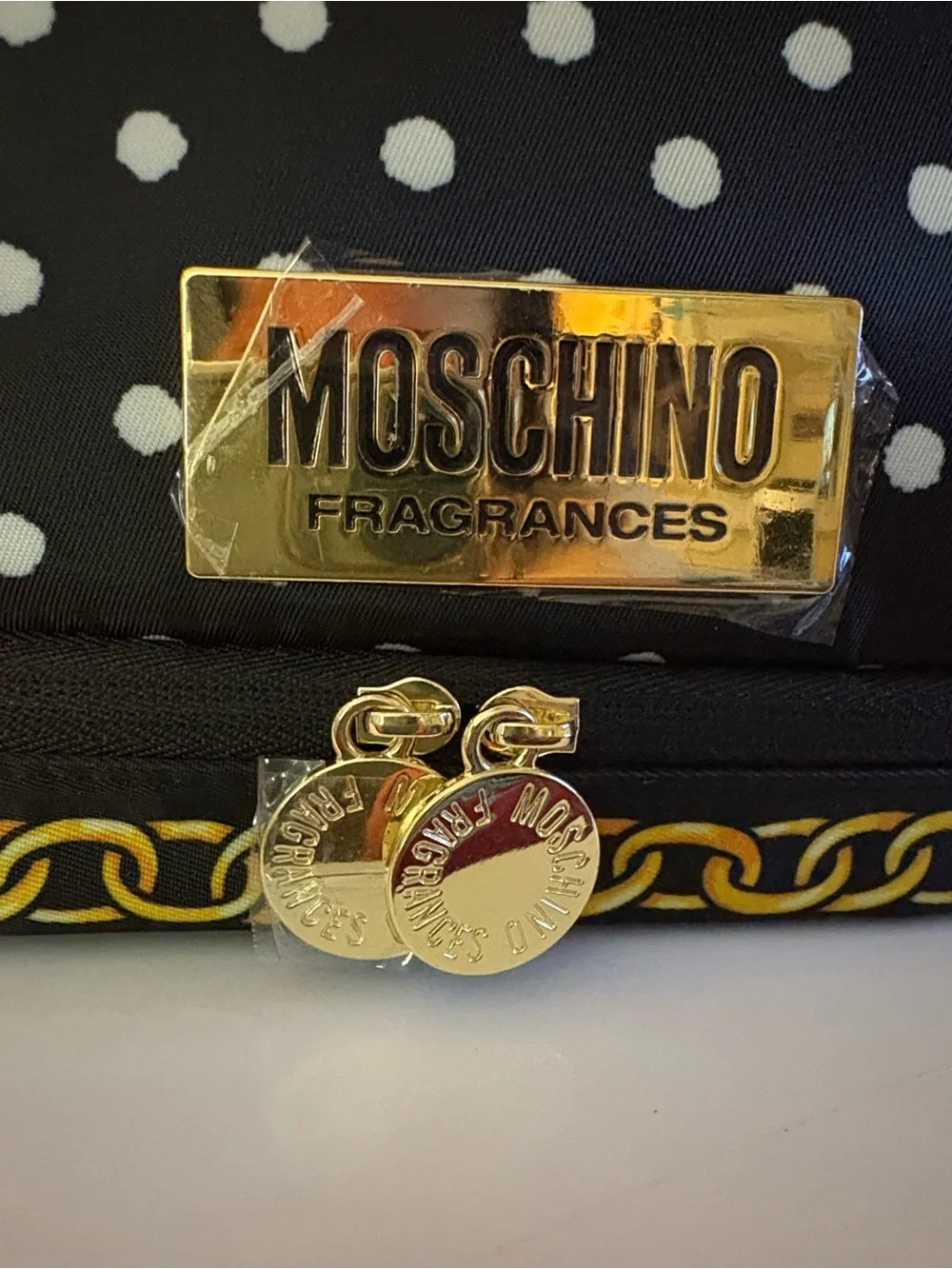 Moschino Black and White Polka Dot Cosmetic Pouch with Gold Accents NEW